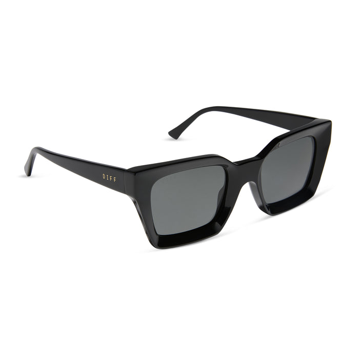 diff eyewear featuring the greer square sunglasses with a black frame and grey polarized lenses angled view