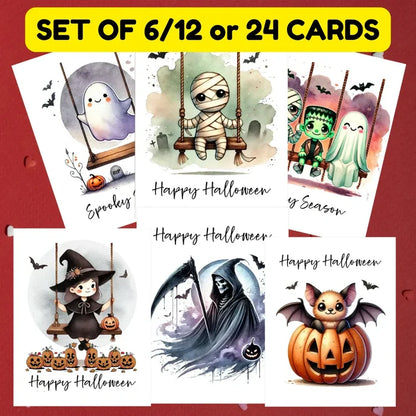 Halloween Card Set Watercolor Halloween Characters Ghost Witch Pumpkin Card Pack