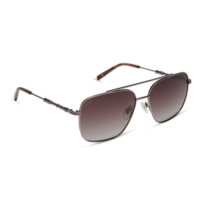 star wars x diff eyewear featuring the han solo™ 2.0 aviator sunglasses with a brushed dark grey metal frame and brown gradient polarized lenses angled view