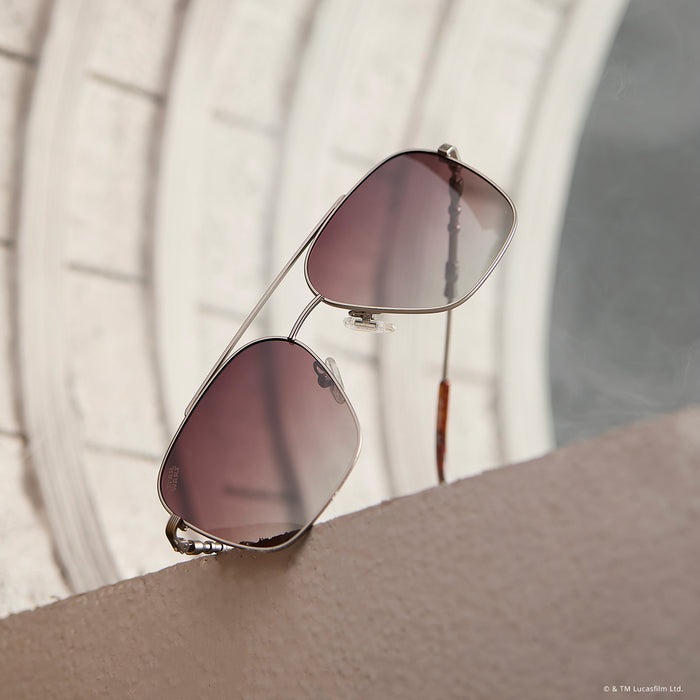 lifestyle - star wars x diff eyewear featuring the han solo™ 2.0 aviator sunglasses with a brushed dark grey metal frame and brown gradient polarized lenses front view