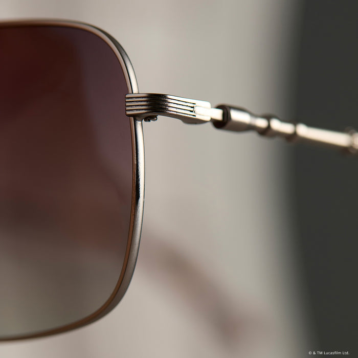 still life - star wars x diff eyewear featuring the han solo™ 2.0 aviator sunglasses with a brushed dark grey metal frame and brown gradient polarized lenses detailed temple view