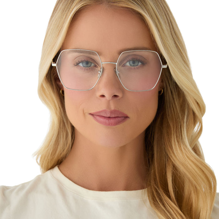 on model - female wearing diff eyewear featuring the harlowe square prescription glasses with a silver frame front view