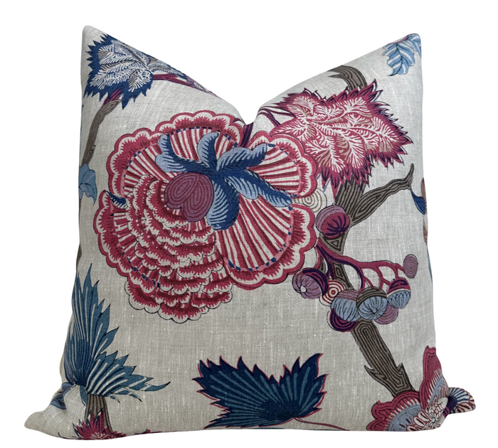 Indienne Jacobean Pillow Cover in Raspberry and Blue, Thibaut Pillows