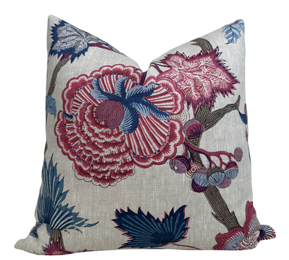 Indienne Jacobean Pillow Cover in Raspberry and Blue, Thibaut Pillows