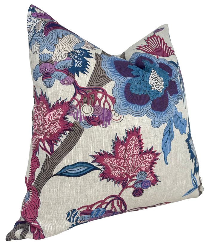Indienne Jacobean Pillow Cover in Raspberry and Blue, Thibaut Pillows