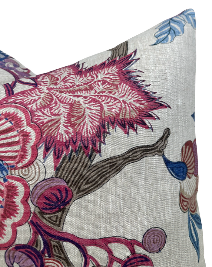 Indienne Jacobean Pillow Cover in Raspberry and Blue, Thibaut Pillows