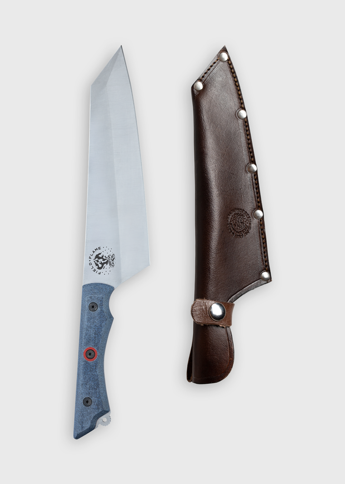 A sleek knife with a blue handle and engraved blade beside a brown leather sheath, both on a plain background.