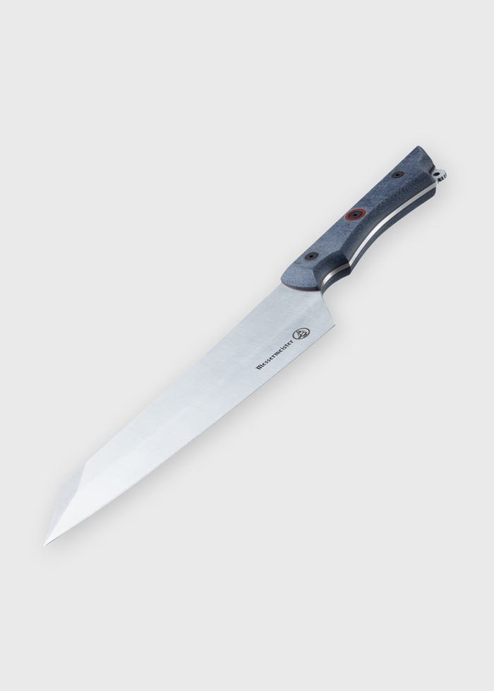 A sleek chef's knife with a sharp stainless steel blade and ergonomic handle, set against a plain white background.