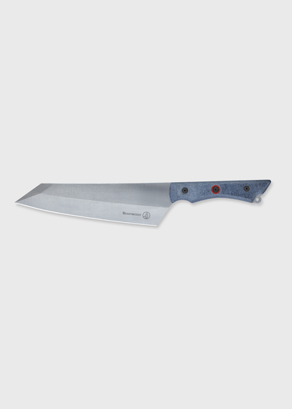 A sleek Messermeister chef's knife with a sharp blade and blue handle, designed for precision cutting in the kitchen.