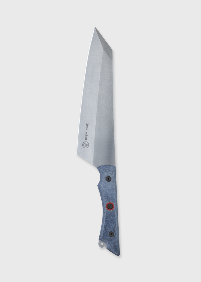 A chef's knife with a sleek silver blade and a textured blue handle, featuring black and red accents, on a plain background.