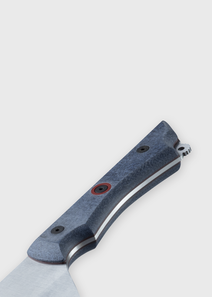 A close-up of a knife handle with a textured blue grip and visible screws, set against a plain white background.