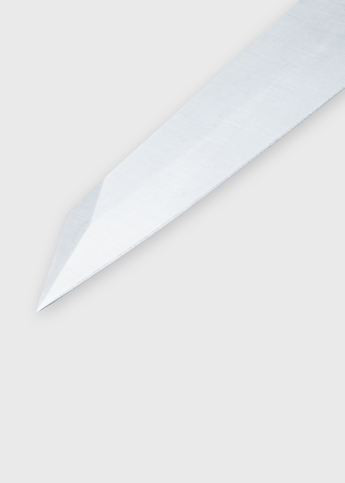 Close-up of a sharp, shiny sword blade on a plain background, highlighting its pointed tip and metallic texture.