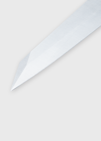 Close-up of a sharp, shiny sword blade on a plain background, highlighting its pointed tip and metallic texture.
