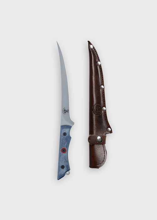 Curved fillet knife with a blue handle next to a brown leather sheath, both on a plain white background.