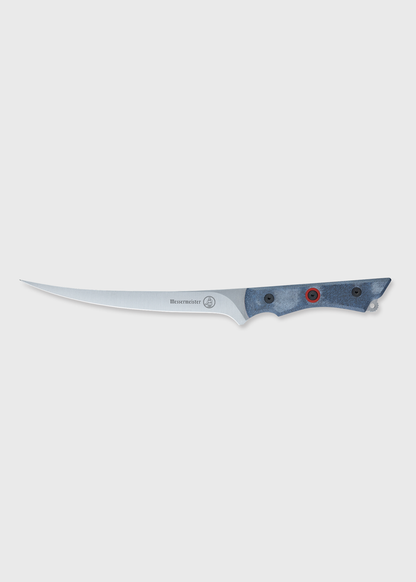 A Messermeister fillet knife with a sleek, curved blade and a blue handle is displayed against a plain white background.