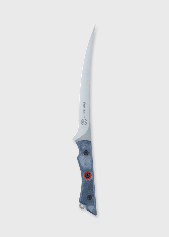 Curved boning knife with a sleek silver blade and a blue handle, featuring black and red accents, on a plain background.