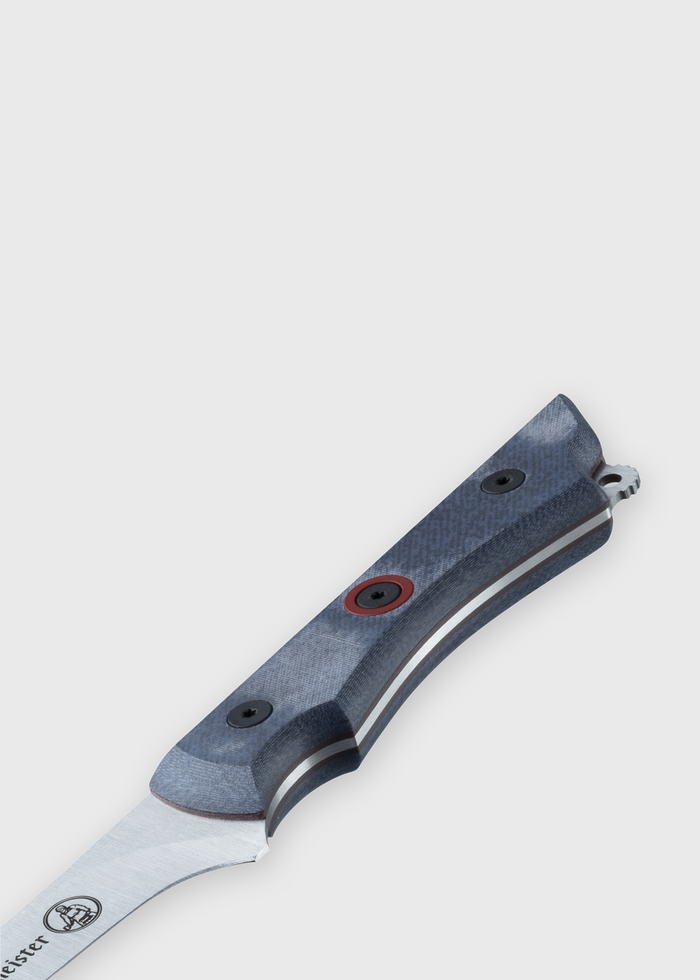 Close-up of a knife with a blue handle and visible screws, showcasing its sleek design against a plain white background.