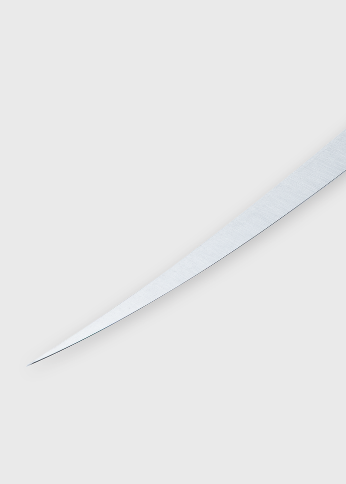 A sharp, curved sword blade on a white background, showcasing its sleek, pointed edge and smooth metallic surface.