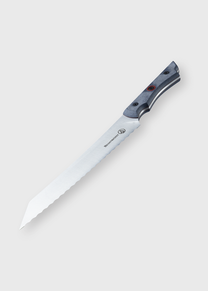 Serrated bread knife with a sleek, sharp blade and ergonomic handle, designed for precision slicing on a light gray background.