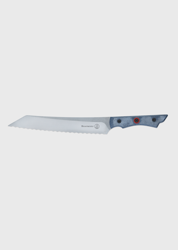 Serrated bread knife with a sleek silver blade and blue handle, designed for precise slicing in the kitchen.