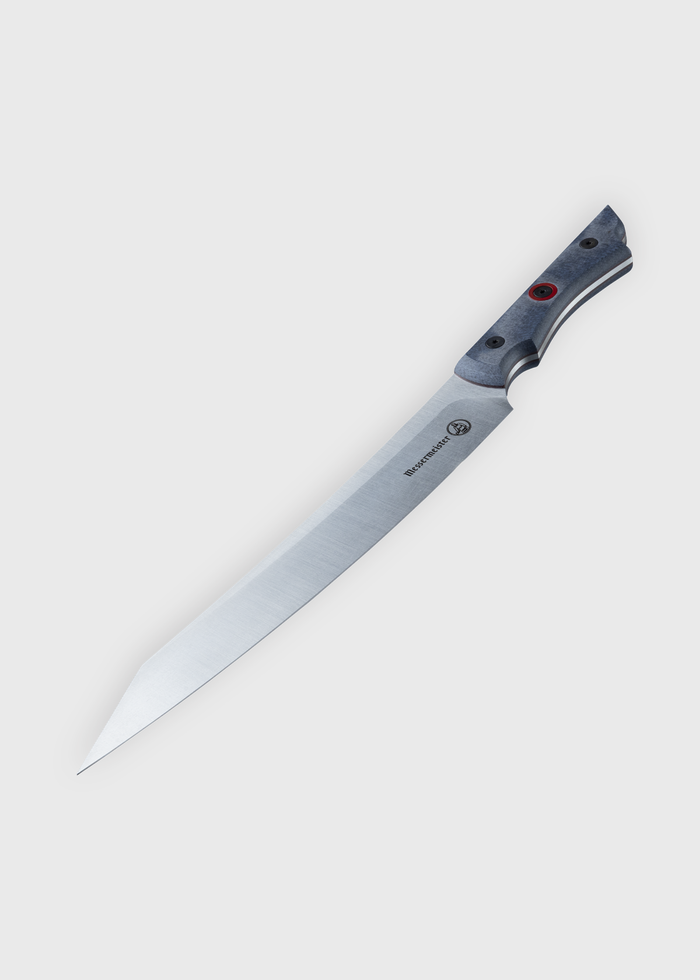 A sleek, sharp knife with a dark handle and silver blade, set against a plain background, showcasing its elegant design.