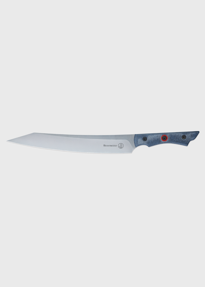 A sleek, silver chef's knife with a blue handle and red accent, set against a plain white background.