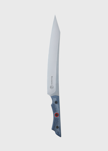 A sleek chef's knife with a sharp stainless steel blade and a textured blue handle, set against a plain white background.