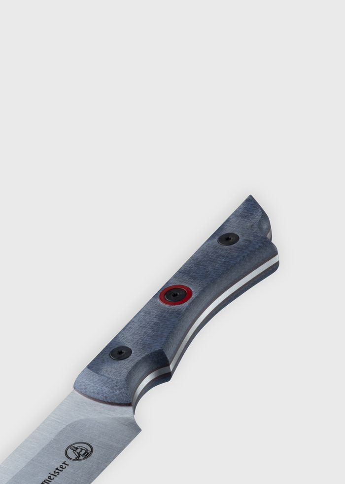 Close-up of a knife handle with a sleek, modern design, featuring blue tones and red accents, against a plain white background.