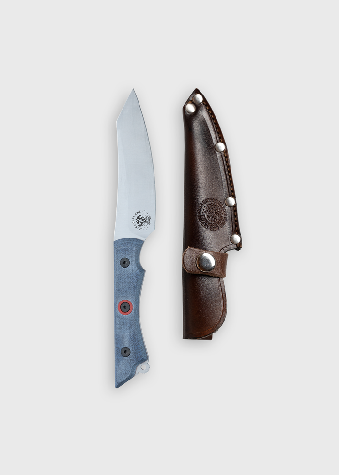 A sleek knife with a blue handle beside a brown leather sheath, both featuring intricate logos, on a light background.
