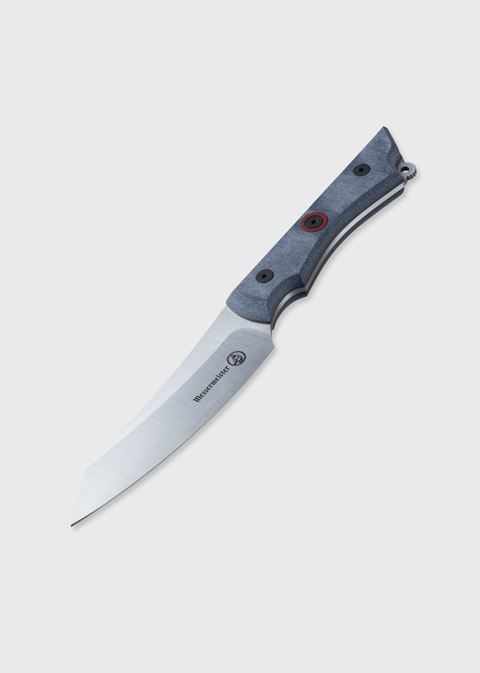 A sleek Messermeister knife with a sharp blade and textured handle, designed for precision and durability in culinary tasks.