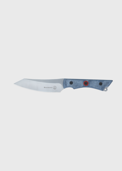 A sleek Messermeister knife with a sharp blade and blue handle, featuring a red accent, displayed on a plain background.