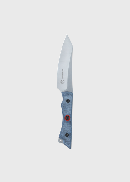 A sleek knife with a sharp blade and a blue handle featuring black and red accents, set against a plain white background.