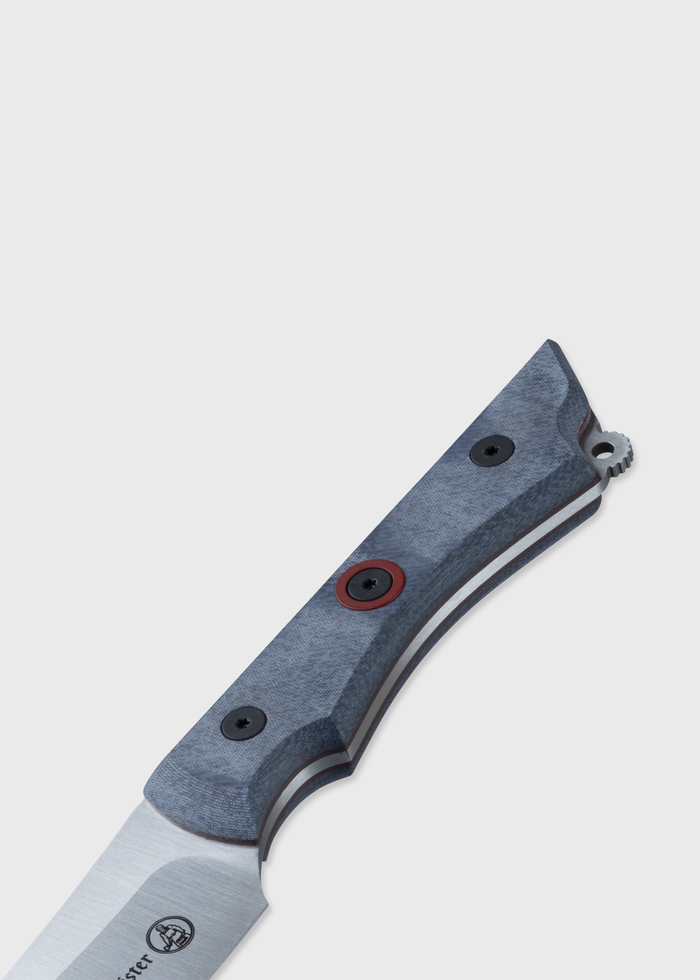 Close-up of a knife handle with a textured blue grip and red accents, featuring black screws against a neutral background.