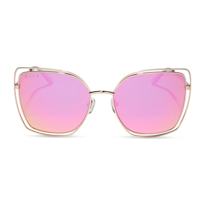 diff eyewear featuring the jacqueline square sunglasses with a champagne frame and pink mirror lenses front view