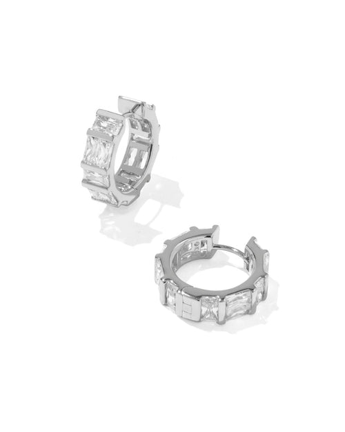 Jamie Huggie Earring in Rhodium Metal White Crystal