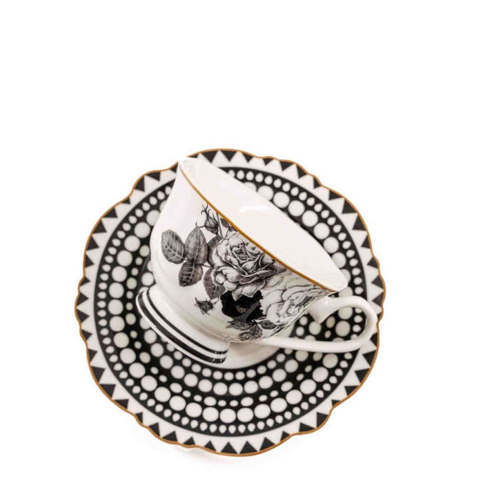 Jenna Clifford Black Rose Cup & Saucer - Black & White