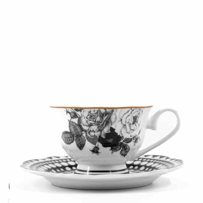 Jenna Clifford Black Rose Cup & Saucer - Black & White