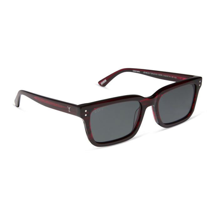 yellowstone x diff eyewear john dutton rectangular sunglasses with a redwood frame and grey polarized lenses angled view