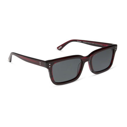 yellowstone x diff eyewear john dutton rectangular sunglasses with a redwood frame and grey polarized lenses angled view