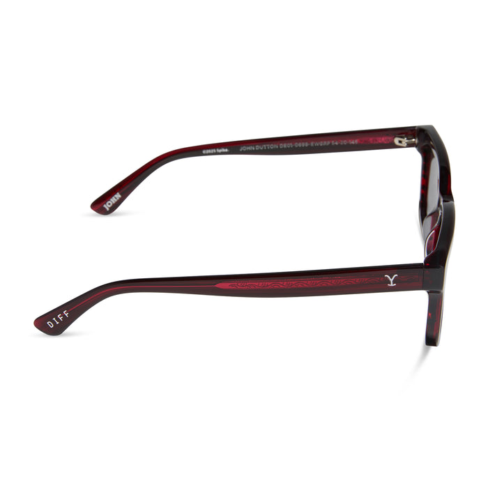 yellowstone x diff eyewear john dutton rectangular sunglasses with a redwood frame and grey polarized lenses side view