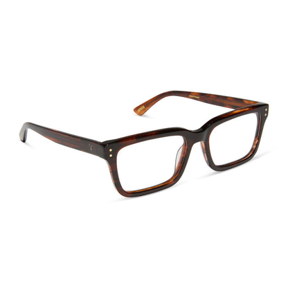 yellowstone x diff eyewear featuring the john dutton rectangle prescription glasses with a sequoia tortoise frame angled view