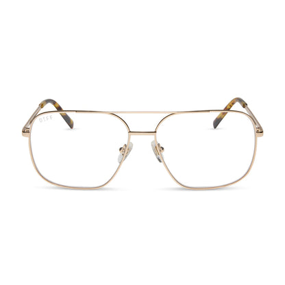 diff eyewear featuring the jonas aviator blue light technology glasses with a gold metal frame front view