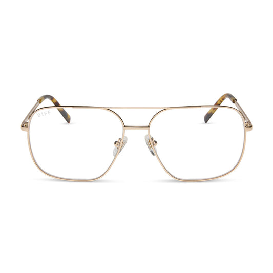 diff eyewear featuring the jonas aviator blue light technology glasses with a gold metal frame front view