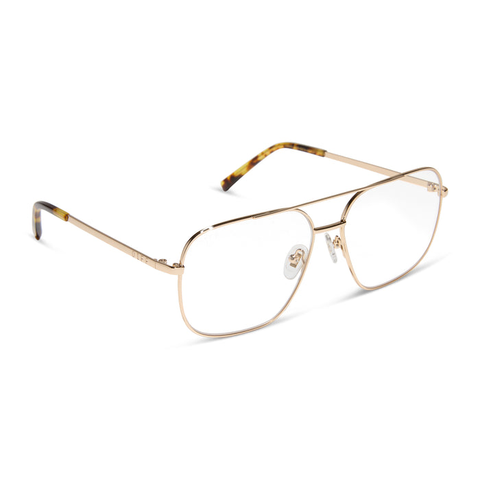 diff eyewear featuring the jonas aviator blue light technology glasses with a gold metal frame angled view