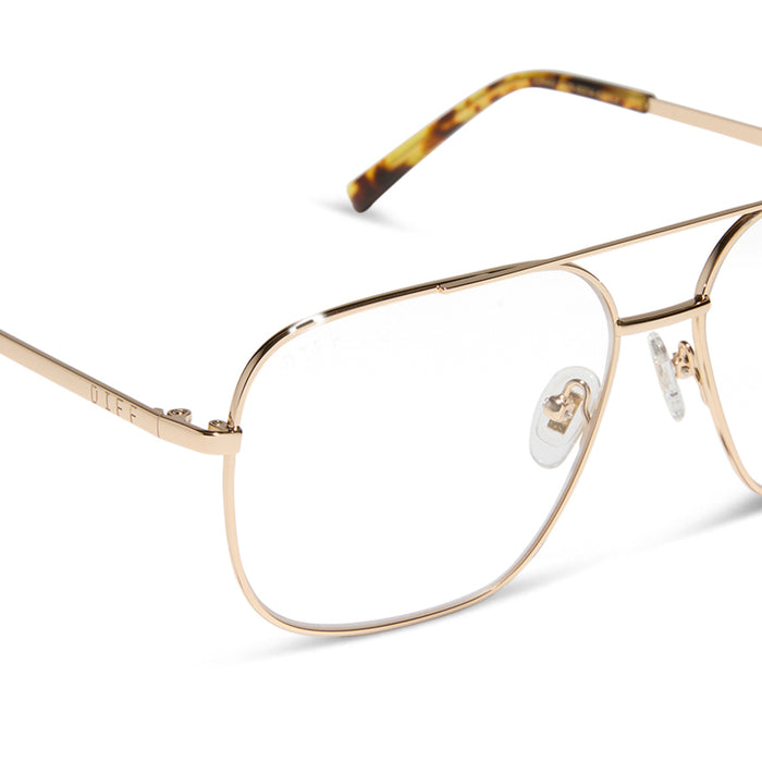 diff eyewear featuring the jonas aviator blue light technology glasses with a gold metal frame detailed view