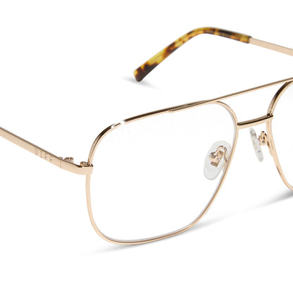 diff eyewear featuring the jonas aviator blue light technology glasses with a gold metal frame detailed view