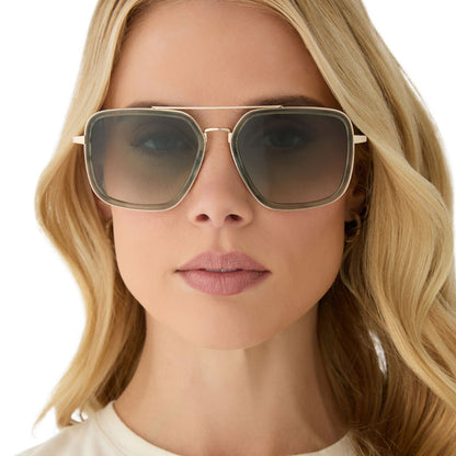 female wearing diff eyewear featuring the jordan navigator sunglasses with a cool matcha green frame and cool matcha gradient lenses front view