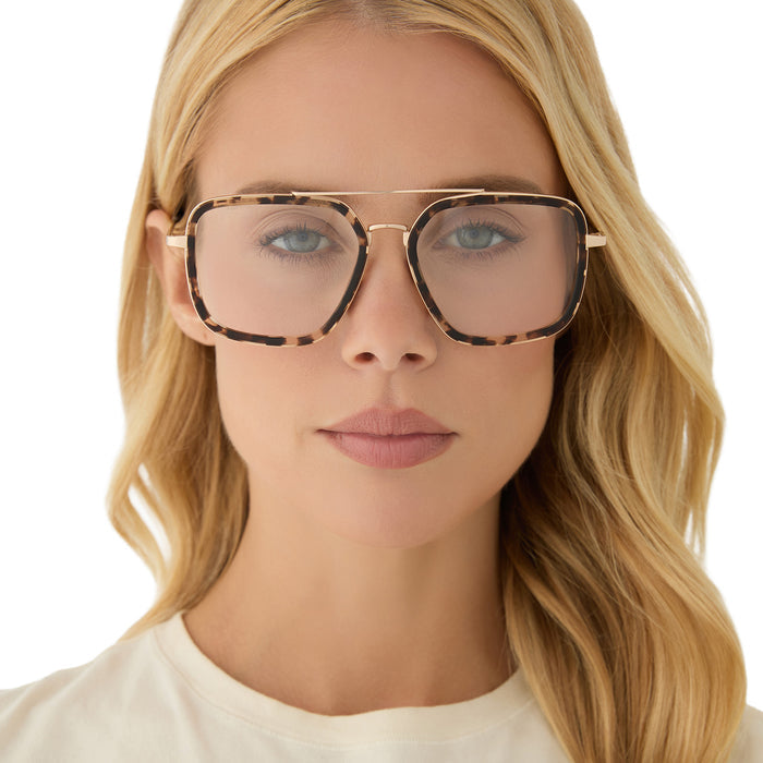 on model - blonde female wearing diff eyewear featuring the jordan navigator prescription glasses with a espresso tortoise frame front view