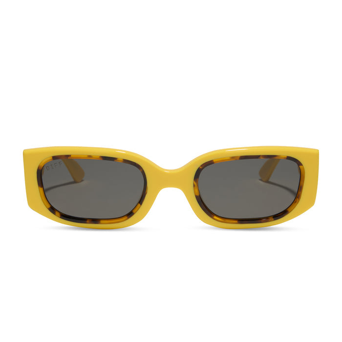 emily in paris x diff eyewear featuring the julien 2.0 rectangle sunglasses with a citron yellow with tortoise frame and chic grey lenses front view