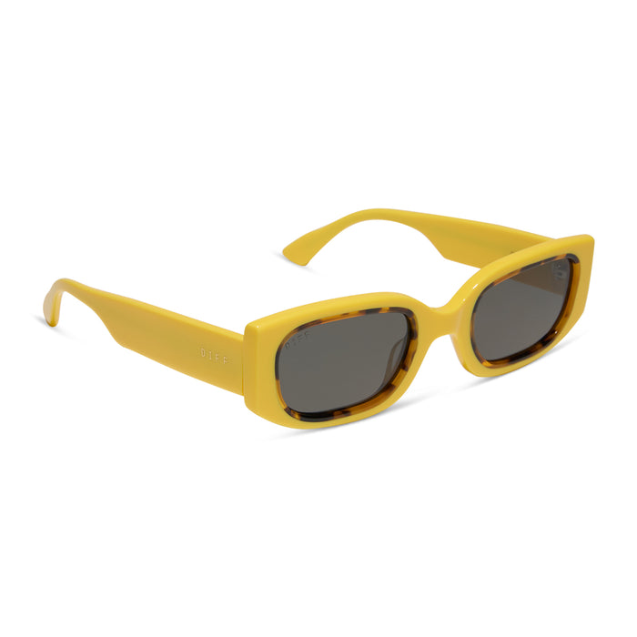 emily in paris x diff eyewear featuring the julien 2.0 rectangle sunglasses with a citron yellow with tortoise frame and chic grey lenses angled view